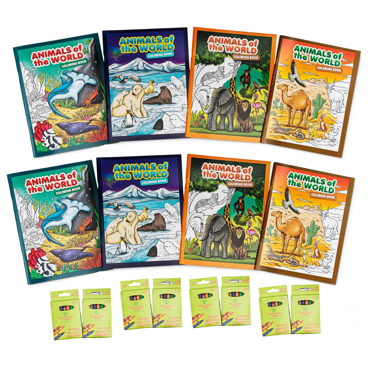 Three Little Twigs: Animals of the World Coloring Books Bundle W/ Crayons, 16 Pieces